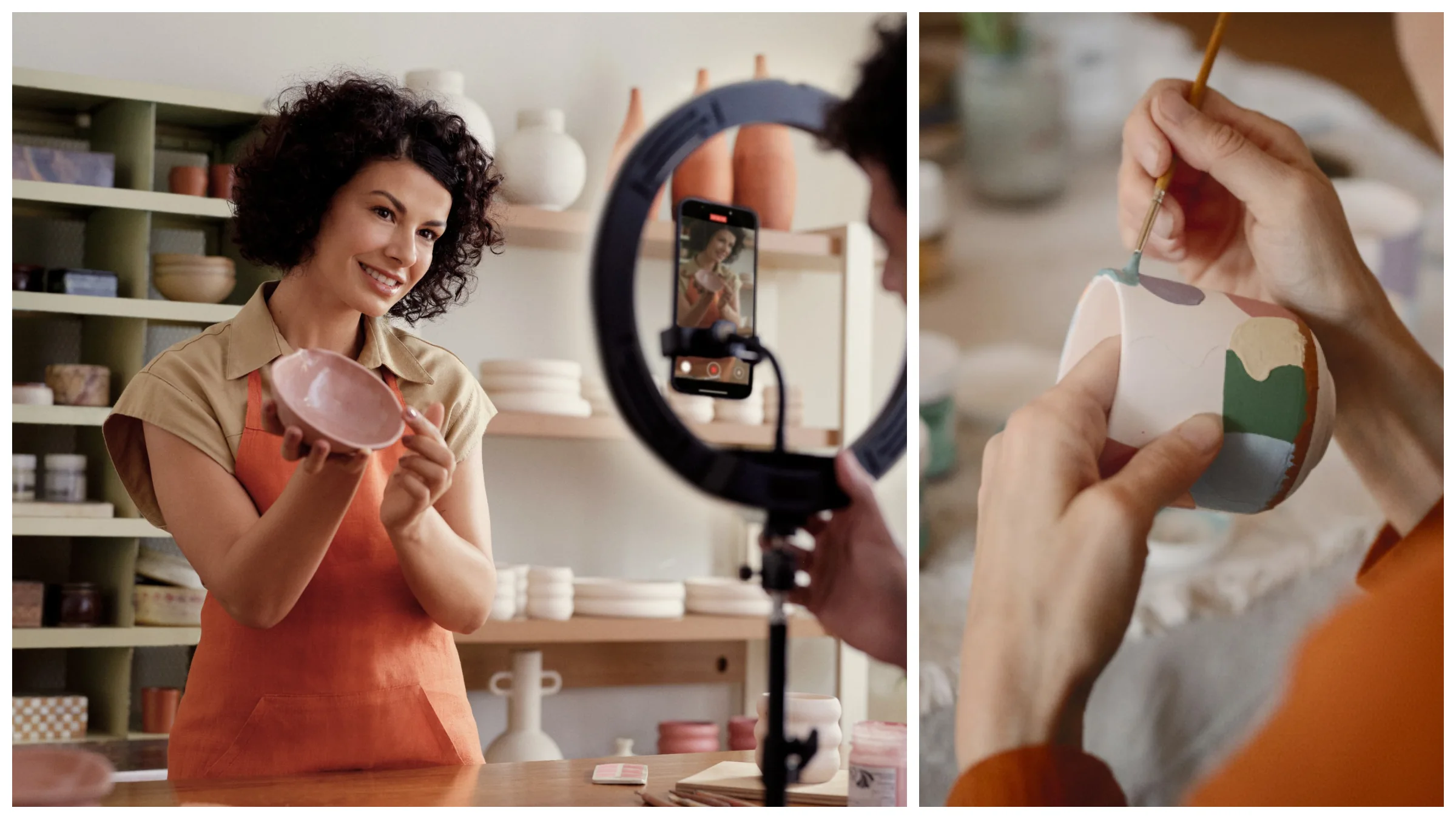 A ceramicist showing a bowl to a phone camera, and hands painting a mug.